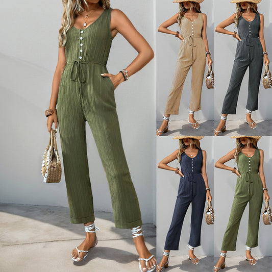 Casual Jumpsuit Drawstring Sleeveless Solid Color One-piece Trousers